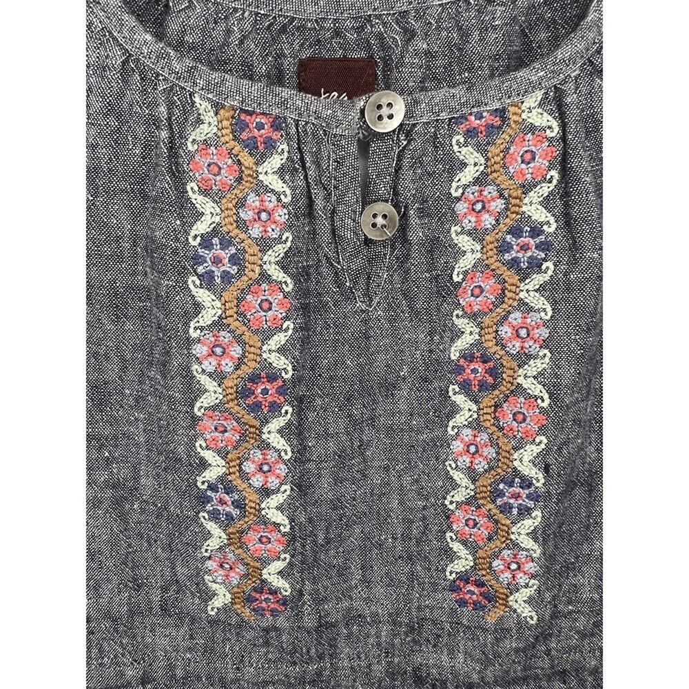 Tea Collection Baby Dress, Chambray Blue Linen Cotton, Floral Embroidered Ruffle - Picture 2 of 11